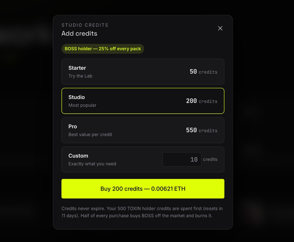 Buy credits modal showing the three packs, the custom amount input, and an ETH quote