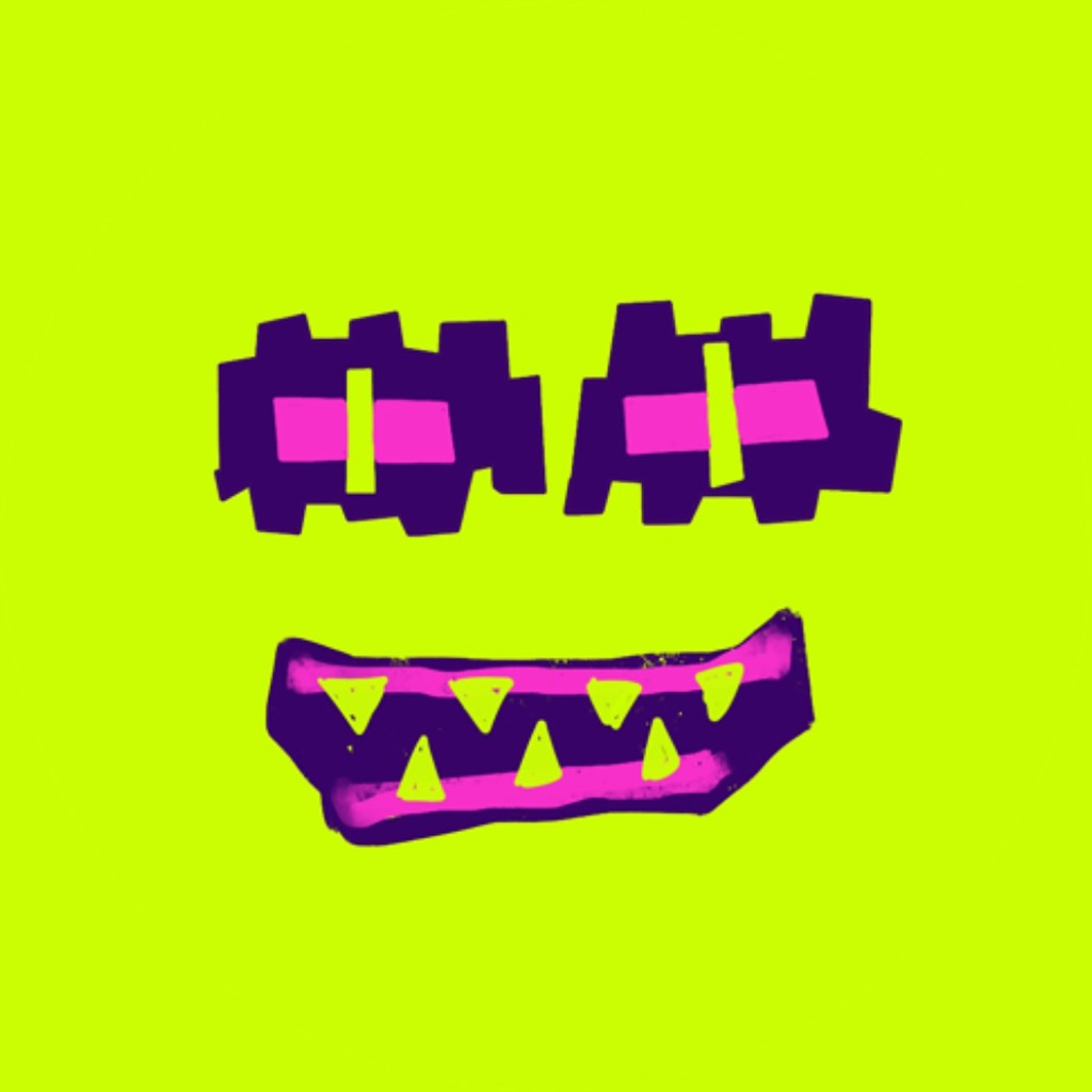 A clean logo: a pixel monster face on a green background