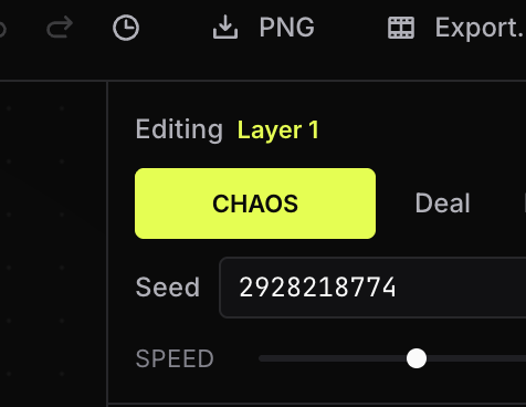The top of the right panel: the yellow Chaos button, the Deal button, the seed number, and the speed slider