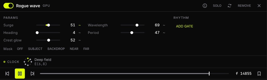 An effect's inspector showing the Mask row with Off, Subject, Backdrop, Near, and Far options