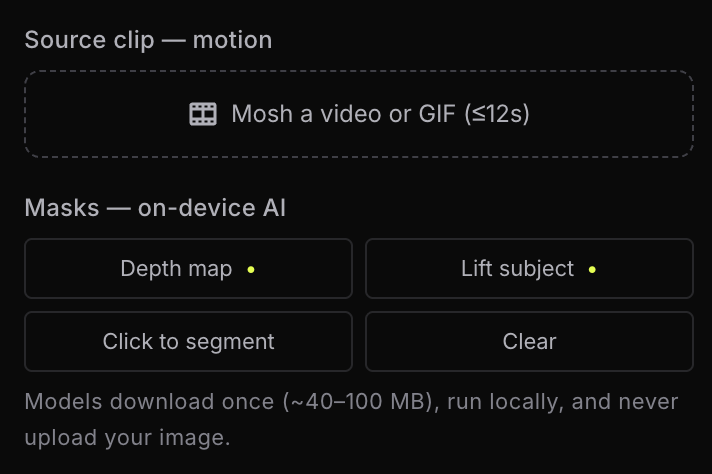The Masks panel: depth map and subject lift generated, click to segment, and a note that models run locally