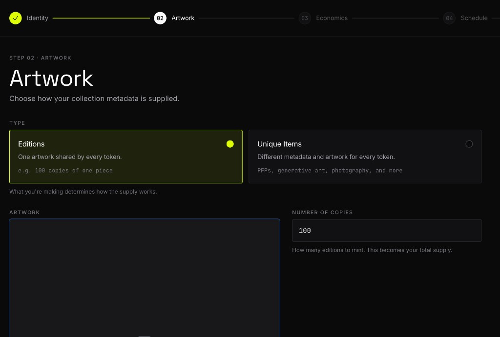 The Artwork step with Editions selected: an artwork upload area and a number-of-copies field