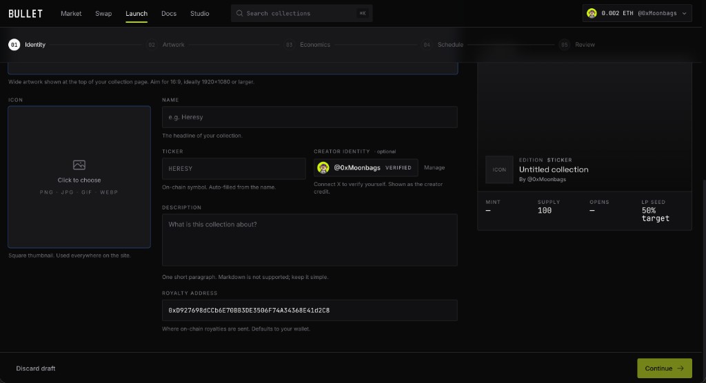 The Identity step of the launch wizard: icon, name, ticker, description, royalty address, with a live preview on the right