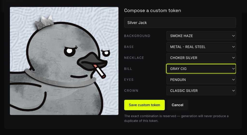 Composing a custom token named Silver Jack: one dropdown per layer with a live preview of the full silver combination