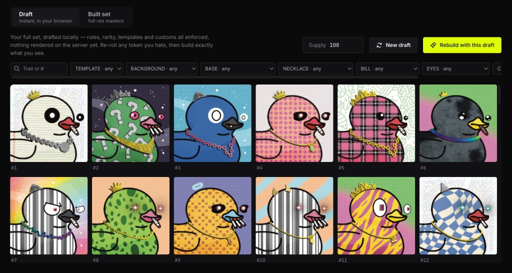 Draft grid in the Collection tab: the full supply rendered in the browser with per-layer filters and a rebuild button