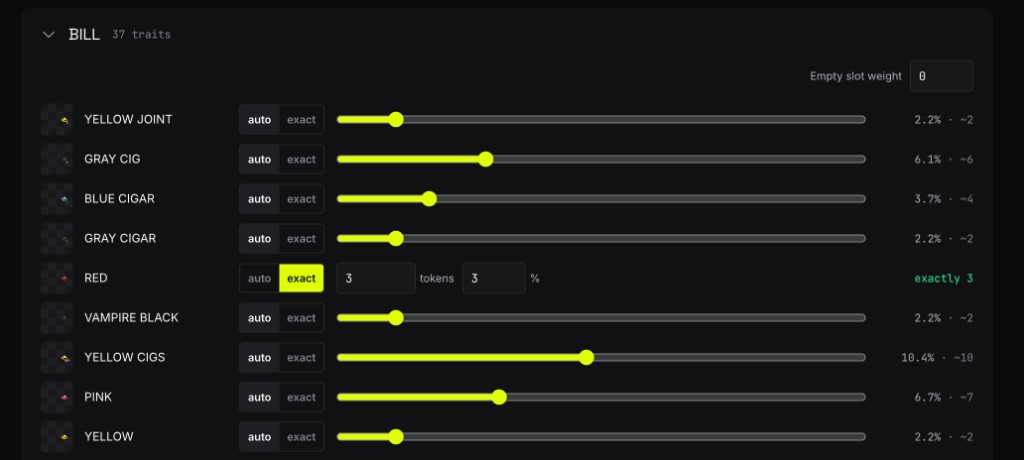 Rarity panel for a layer: weight sliders with live percentages and projected counts, one trait switched to exact mode and pinned to 3