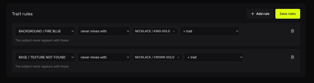 Trait rules panel with two never-mixes rules configured between backgrounds and necklaces