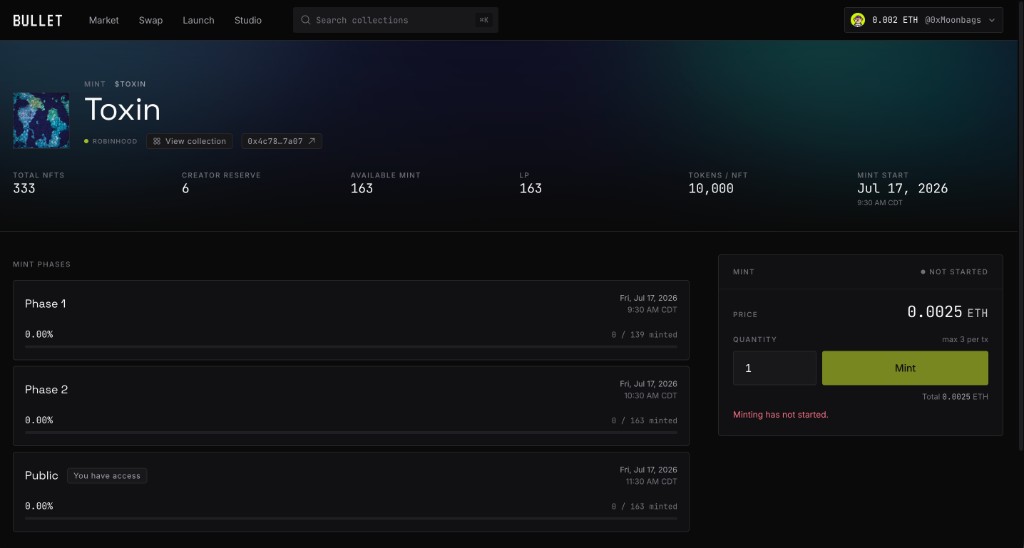The TOXIN mint page showing collection stats, mint phases, and the mint panel